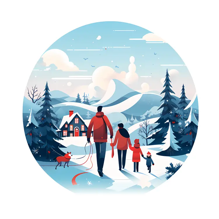 Family Walking in Winter Landscape