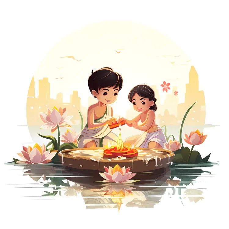 Children with Lotus Flowers and Candles