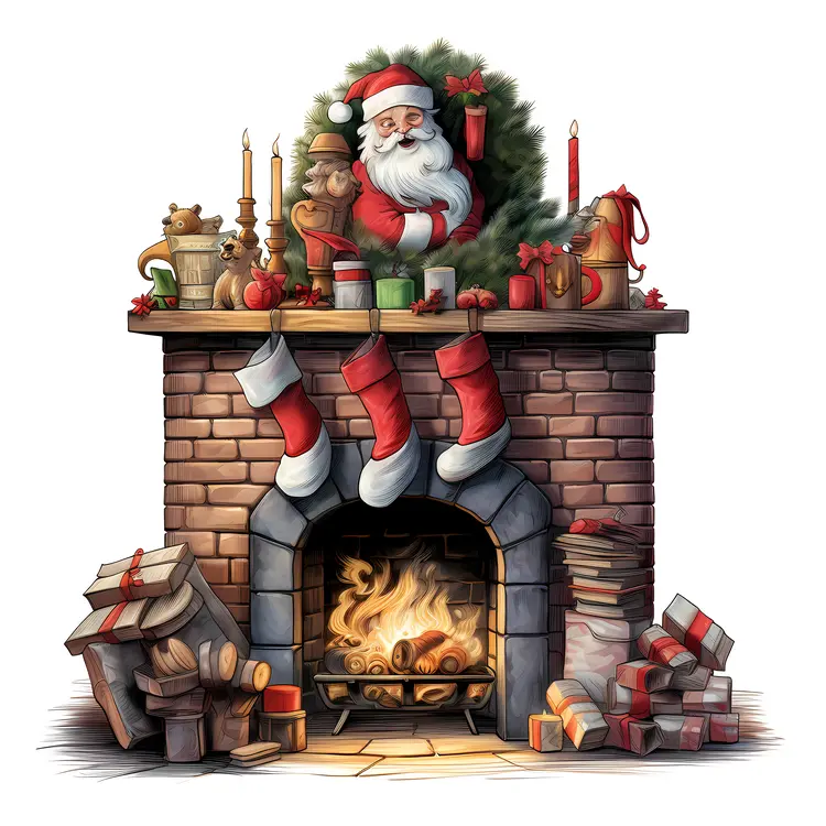 Christmas Fireplace with Santa and Stockings