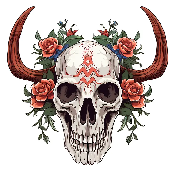 Ornamental Skull with Flowers and Horns