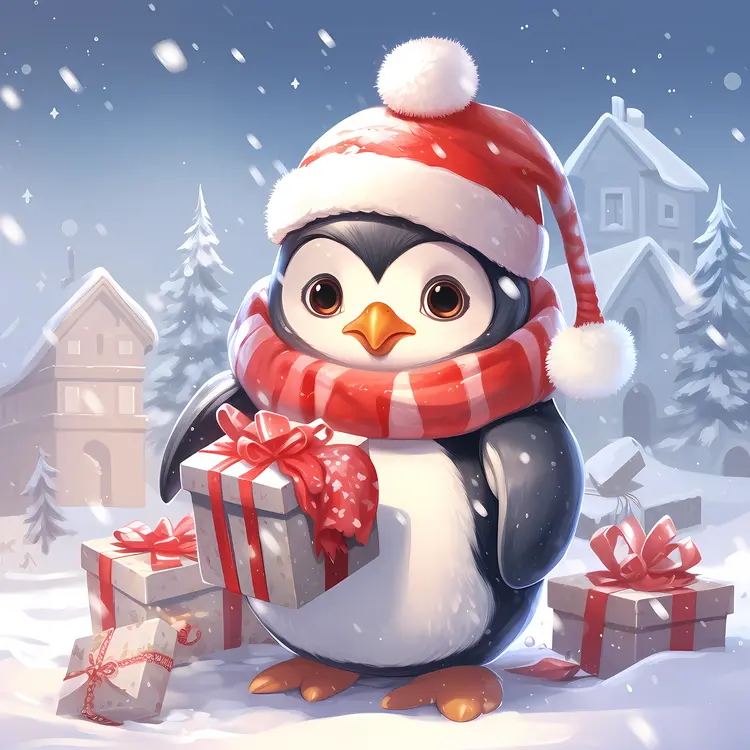Adorable Penguin with Santa Hat and Gifts