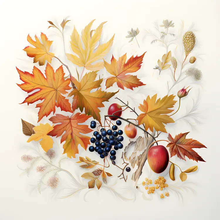 Autumn Leaves and Fruits Still Life
