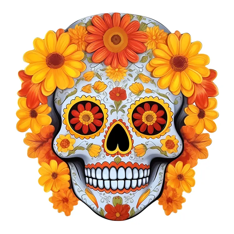 Colorful Sugar Skull with Flowers for Day of the Dead Celebration