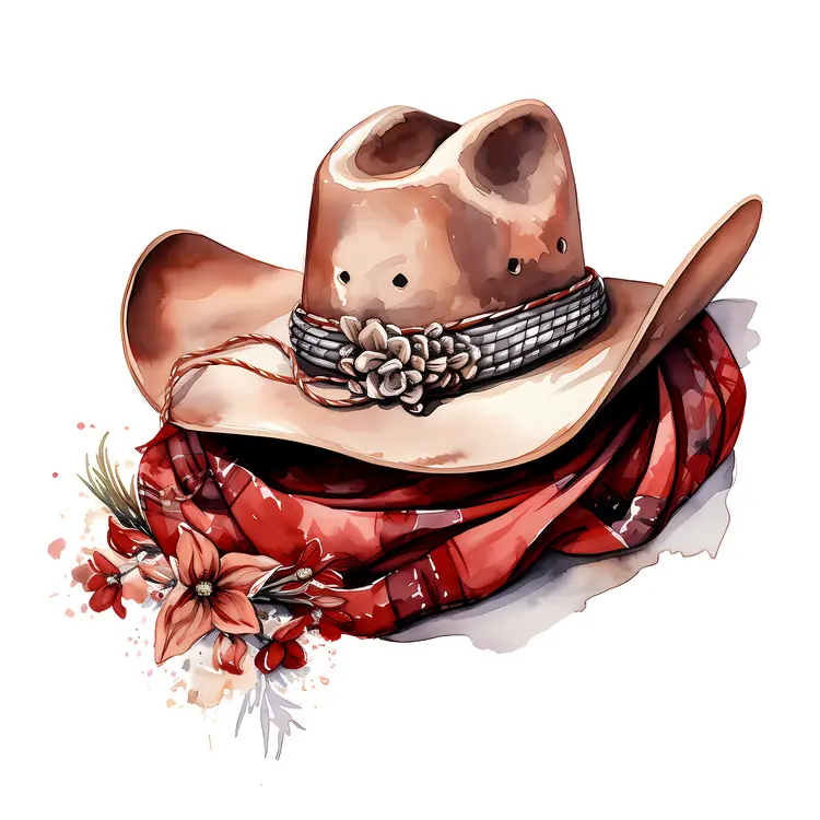 Brown Cowboy Hat with Red Bandana and Flowers