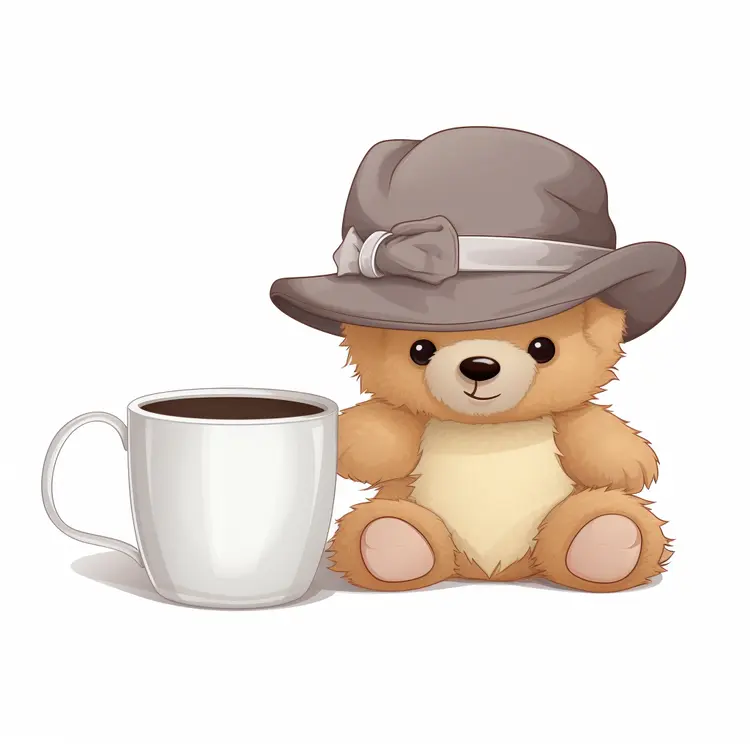 Cute Teddy Bear with Coffee Cup and Hat