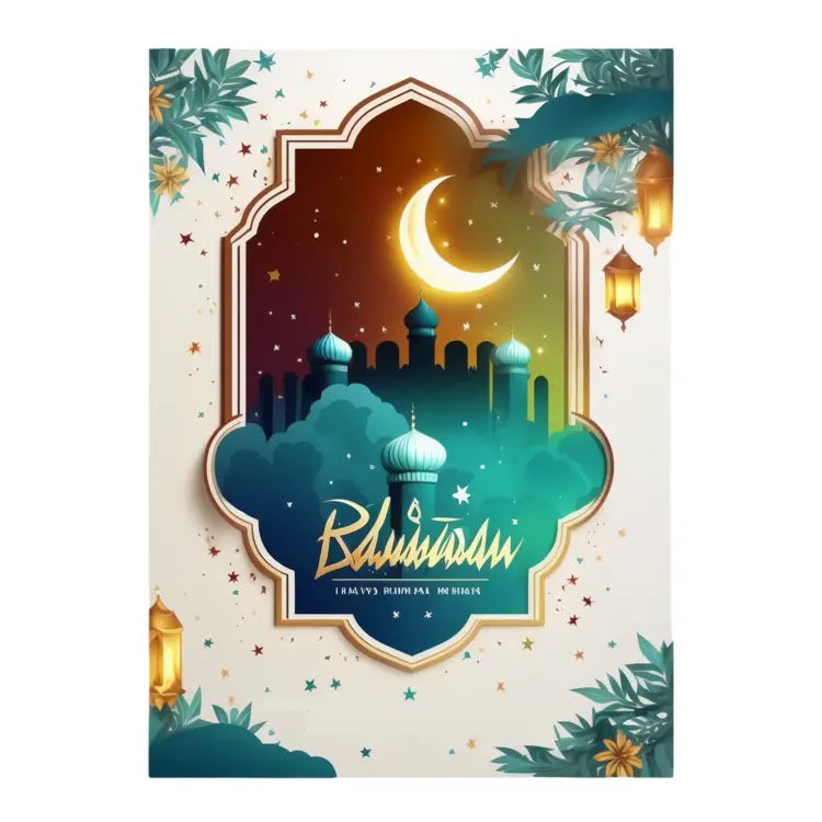 Beautiful Mosque with Crescent Moon and Lanterns for Ramadan