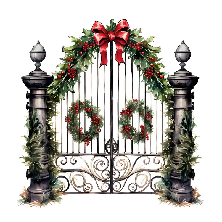 Gate Decorated with Christmas Wreaths and Garland