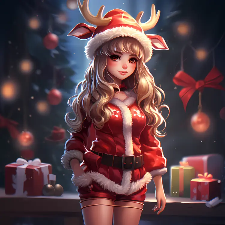 Christmas Girl in Red Outfit with Antlers