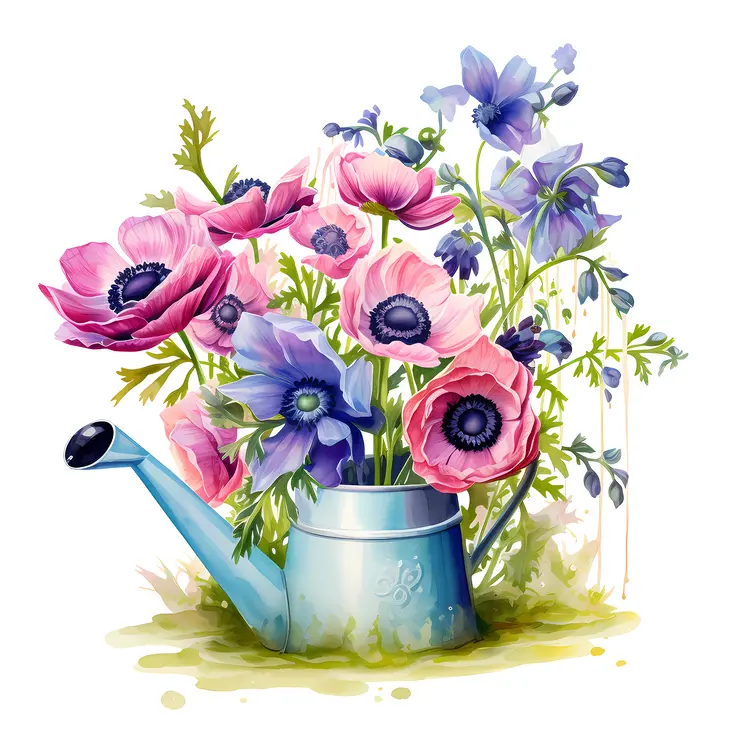 Colorful Flowers in Watering Can