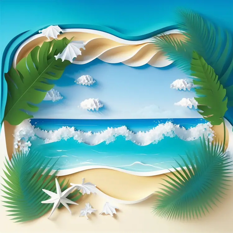 Tropical Beach Scene with Waves and Palm Leaves