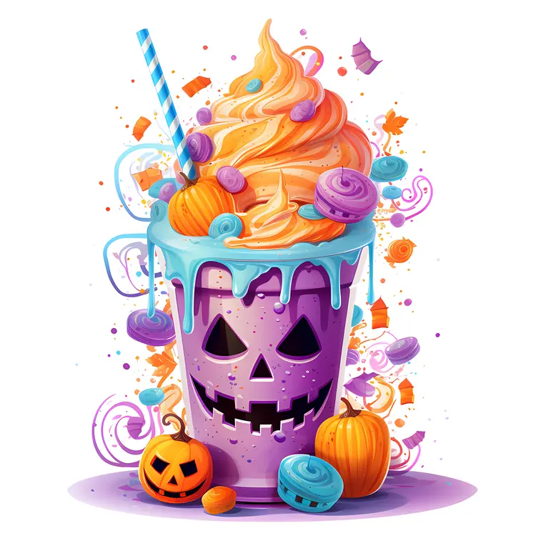 Colorful Halloween Milkshake with Pumpkins and Candies