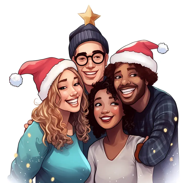 Group of Friends Smiling with Christmas Hats