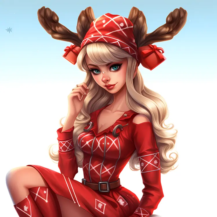 Festive Girl in Red Outfit with Antlers