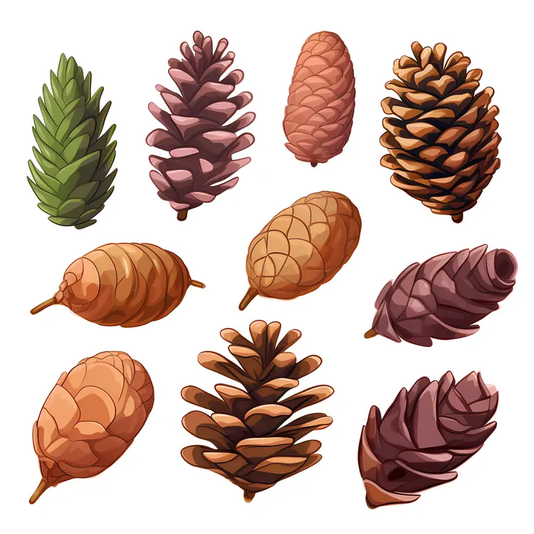 Various Pine Cones in Different Colors and Shapes