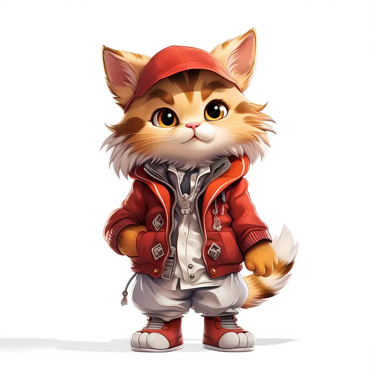 Cute Cat in Red Jacket and White Pants