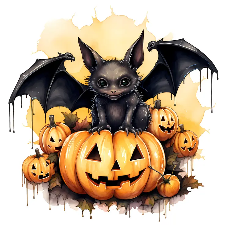 Adorable Bat on Pumpkin with Halloween Theme