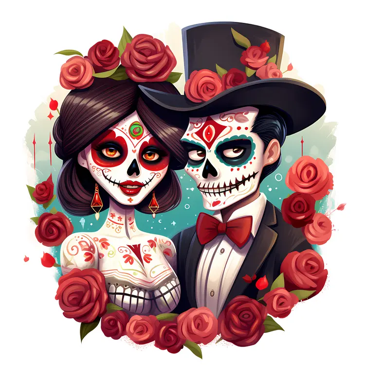 Sugar Skull Couple with Roses for Day of the Dead