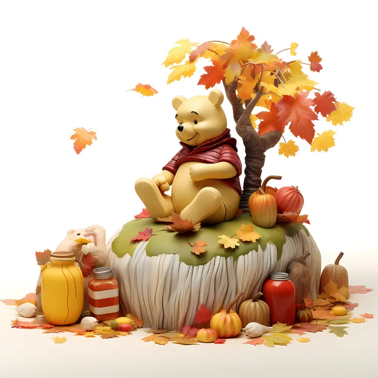 Bear Sitting on Rock with Autumn Leaves and Pumpkins