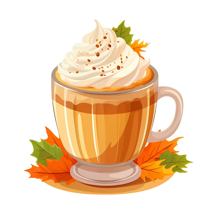 Pumpkin Spice Latte with Whipped Cream and Autumn Leaves
