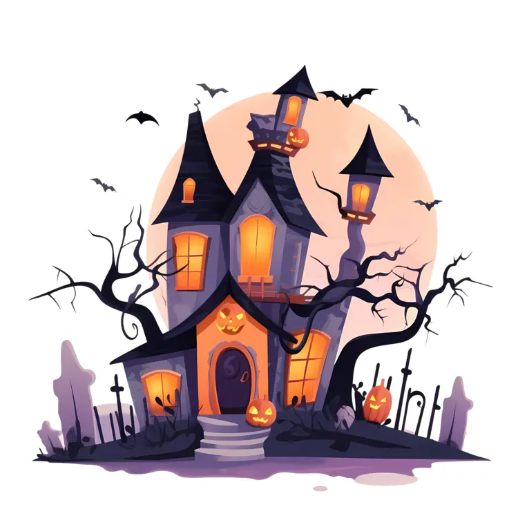 Spooky Haunted House with Pumpkins and Bats