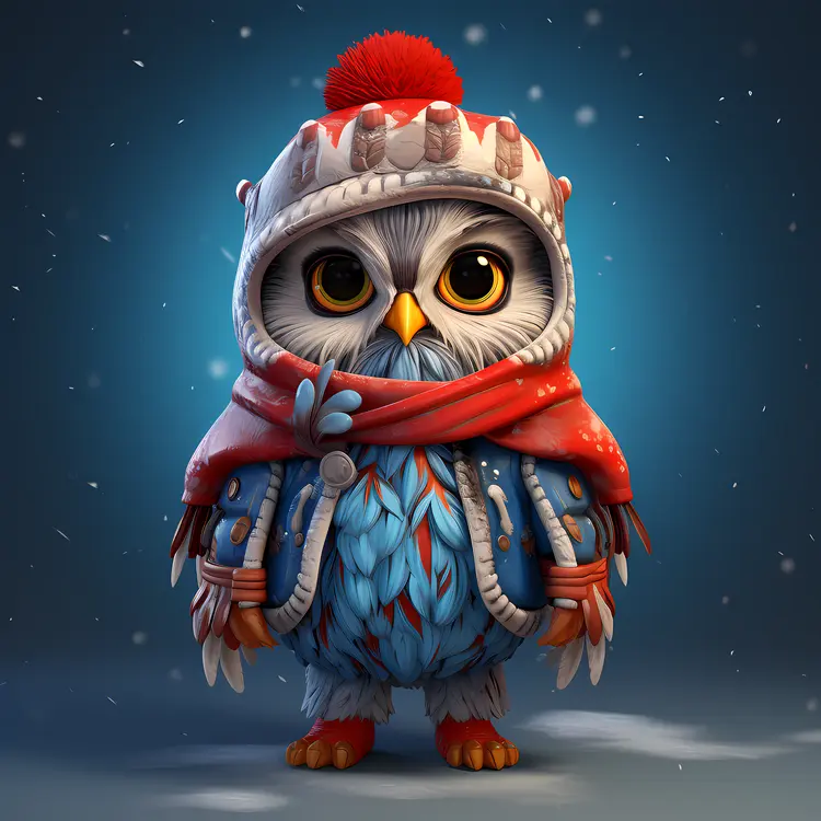 Cute Owl in Winter Outfit with Red Hat and Scarf
