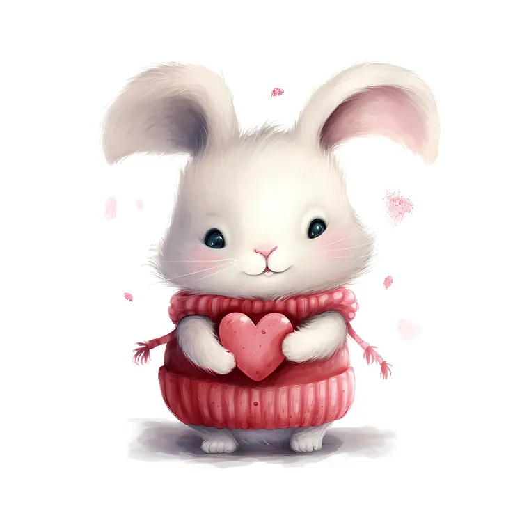Cute White Bunny Holding a Heart in Pink Sweater
