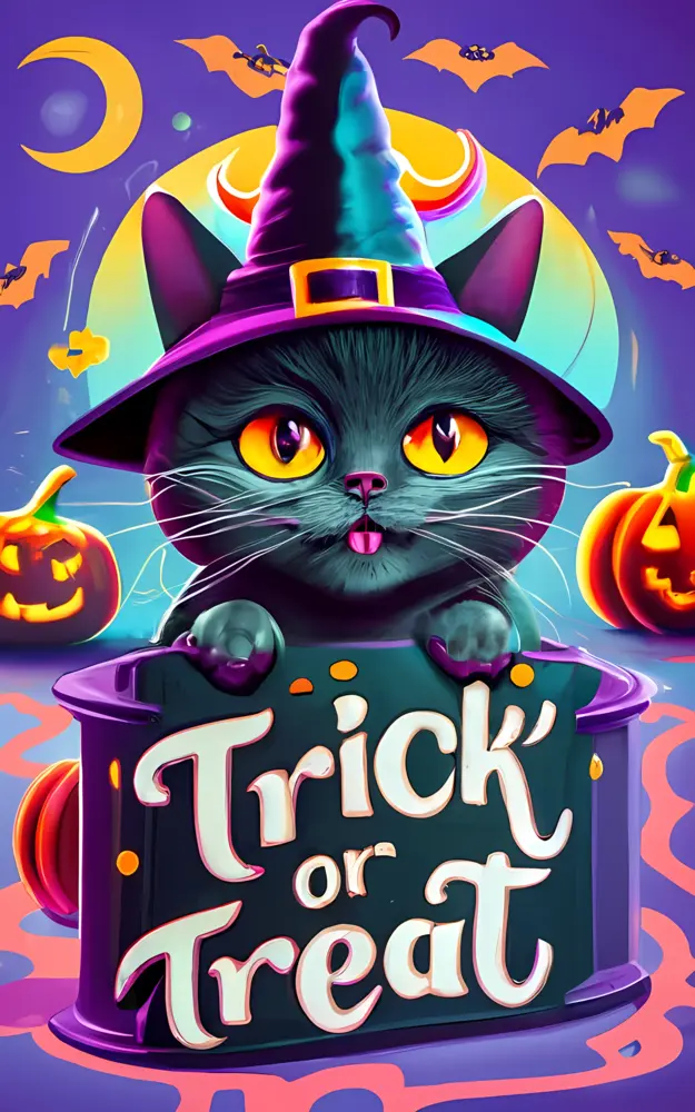 Black Cat with Witch Hat and Trick or Treat Sign