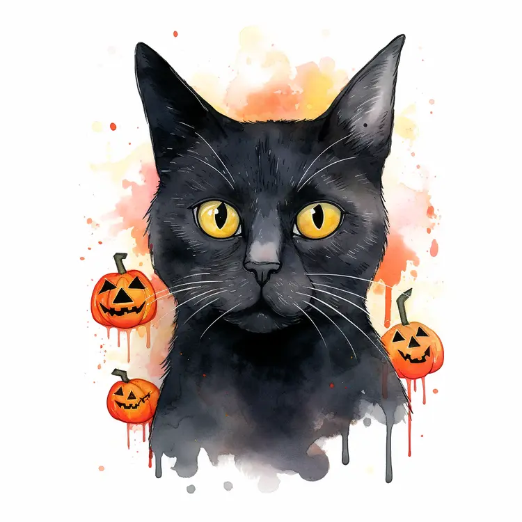 Black Cat with Halloween Pumpkins