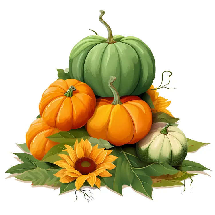 Pumpkins and Sunflower with Autumn Leaves