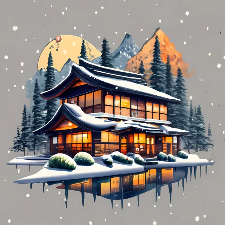 Snowy Japanese House with Forest and Mountain