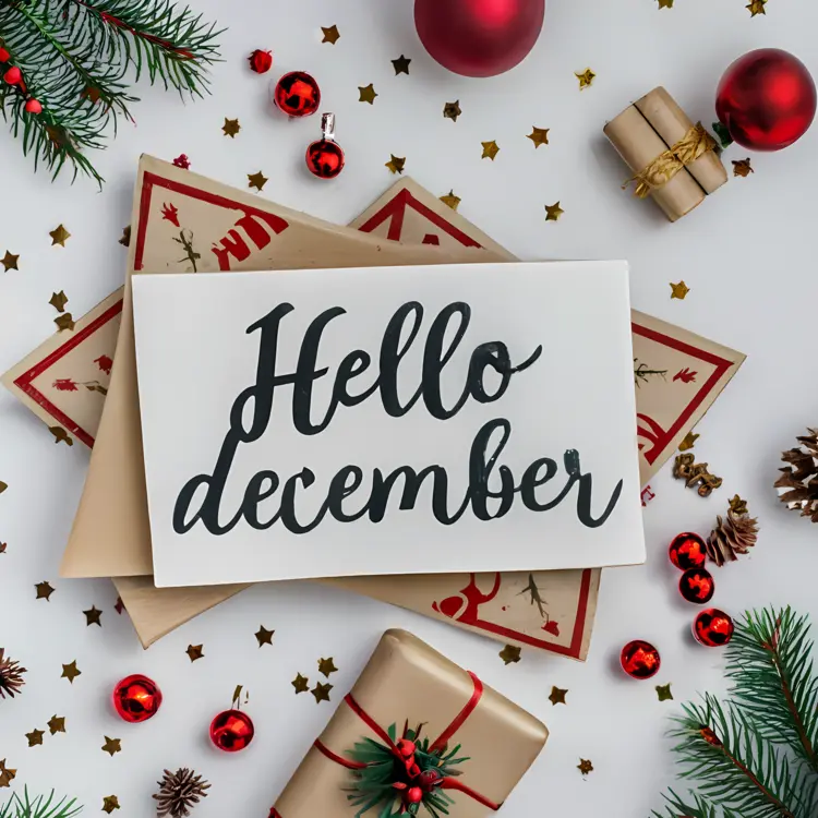 Hello December with Ornaments and Gift Boxes