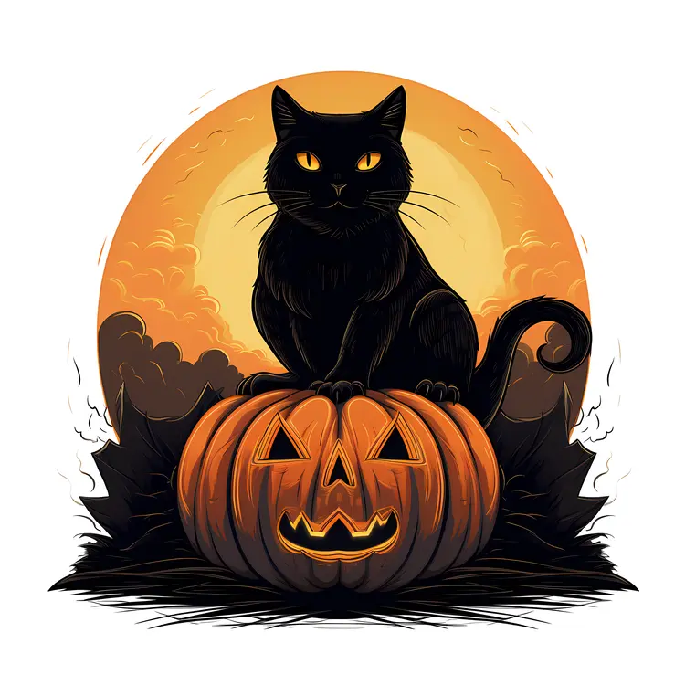 Black Cat on Pumpkin with Halloween Moon