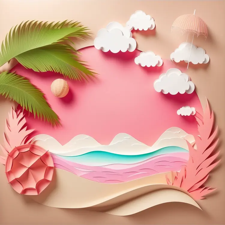 Paper Art Beach Scene with Palm Trees and Clouds