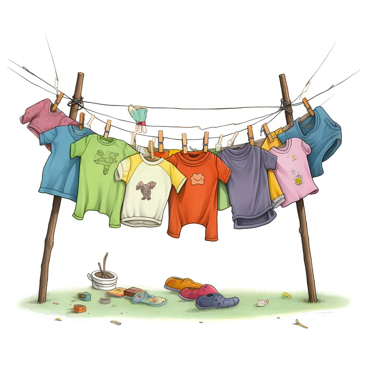 Colorful Children's Clothes Drying on a Clothesline