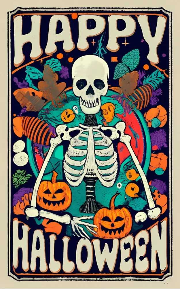 Skeleton with Pumpkins and Leaves for Halloween