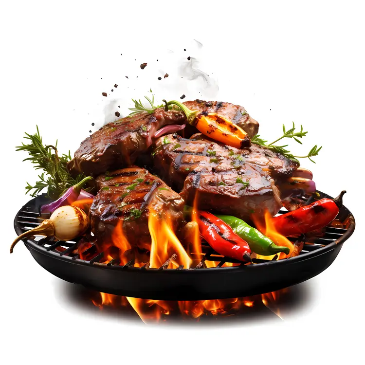 Grilled Steaks on Barbecue with Flames