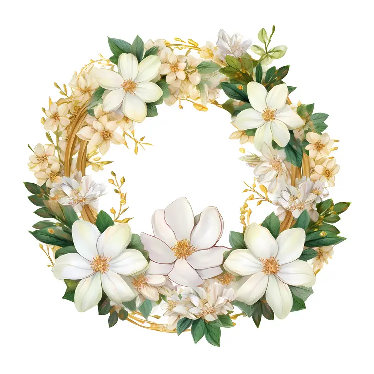 White Flower Wreath with Green Leaves and Golden Accents