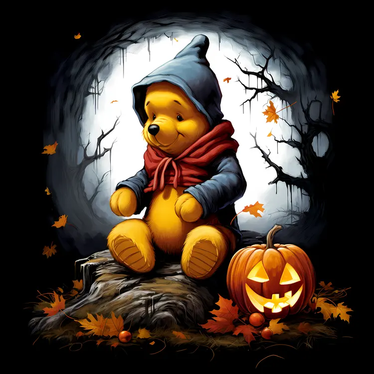 Yellow Bear in Witch Costume with Pumpkin in Spooky Forest