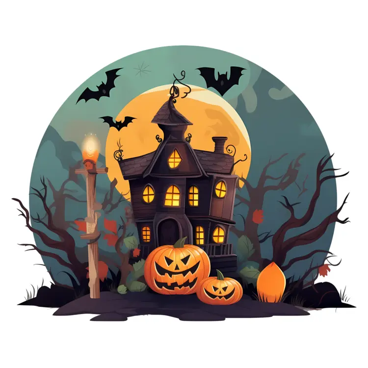 Spooky Haunted House with Bats and Pumpkins