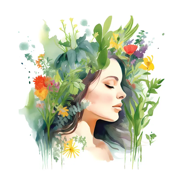 Peaceful Woman with Floral Watercolor Art
