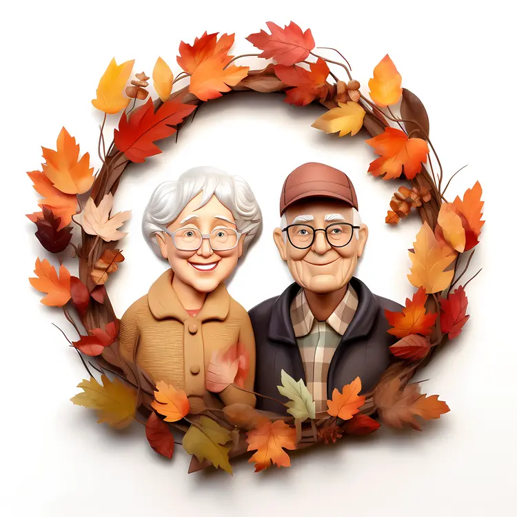 Elderly Couple in Autumn Wreath for Thanksgiving Decor