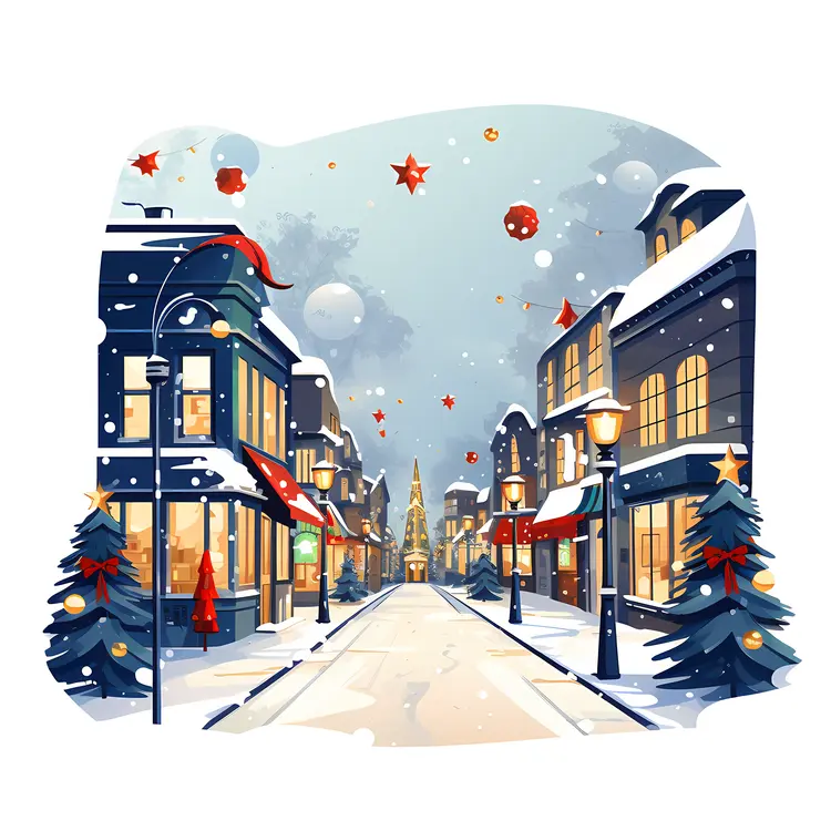 Snowy Town with Christmas Decorations