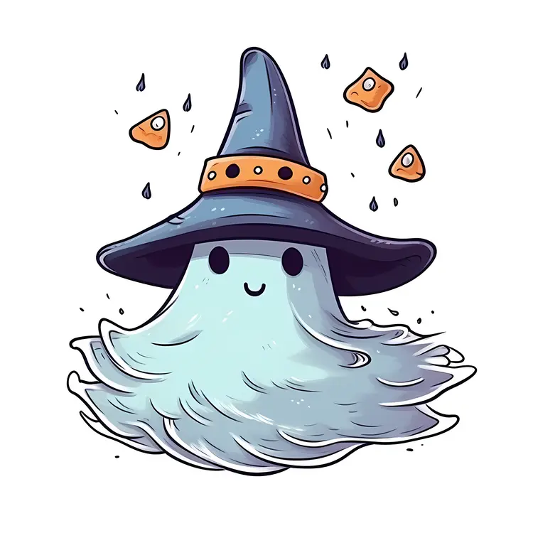 Cute Cartoon Ghost with Witch Hat for Halloween