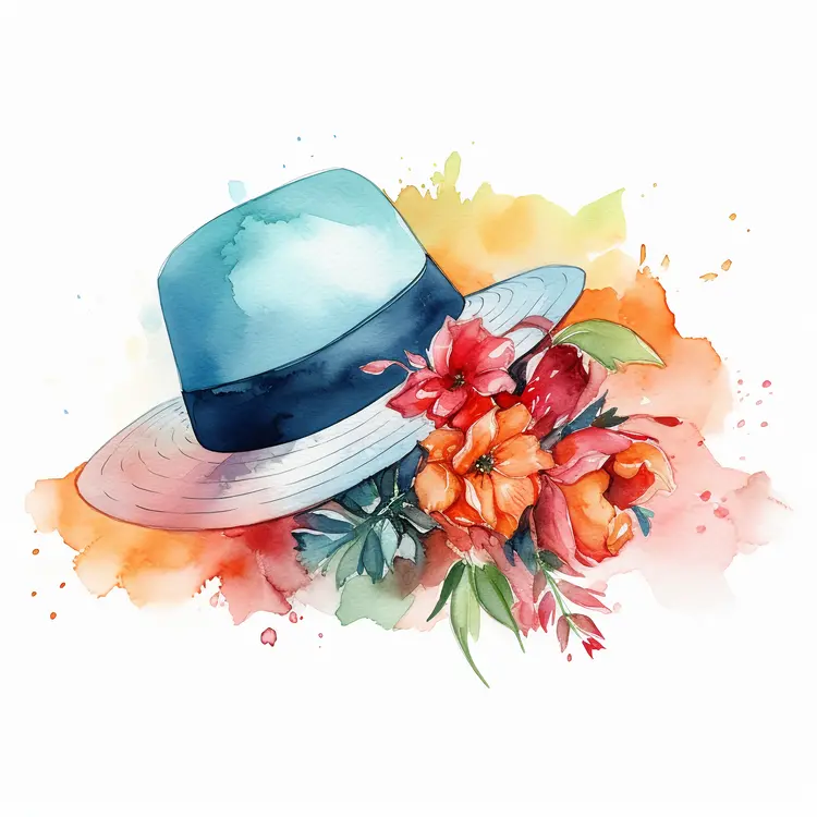 Watercolor Summer Hat with Flowers