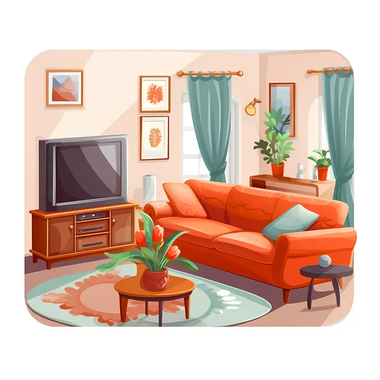 Cozy Living Room with Orange Sofa and TV