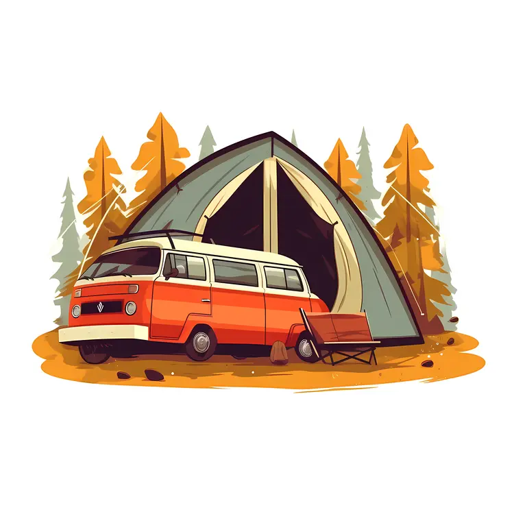 Camping Van and Tent in Autumn Forest