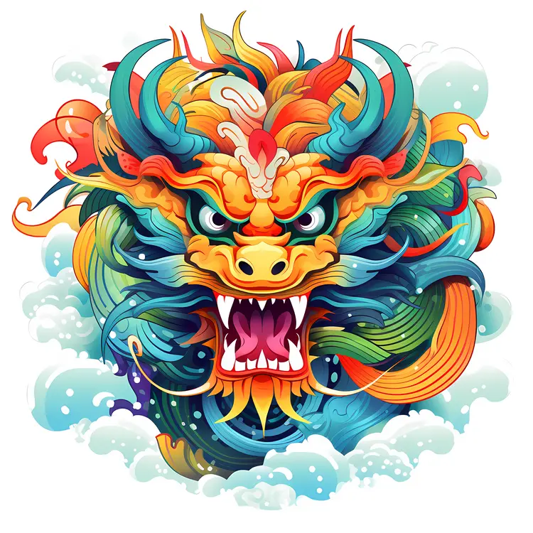 Colorful Dragon Head with Flames