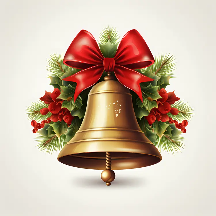 Golden Bell with Holly and Red Bow