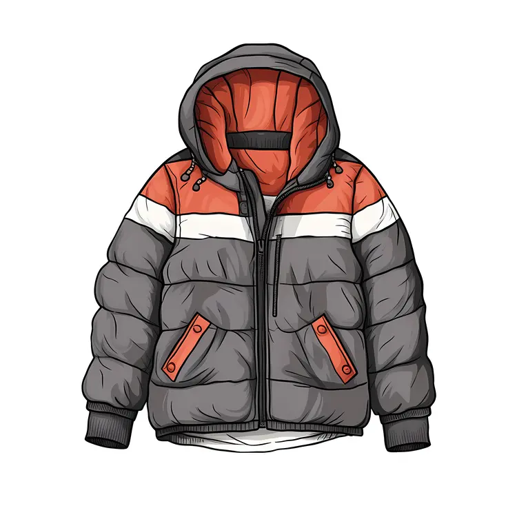 Gray and Orange Puffer Jacket with Hood