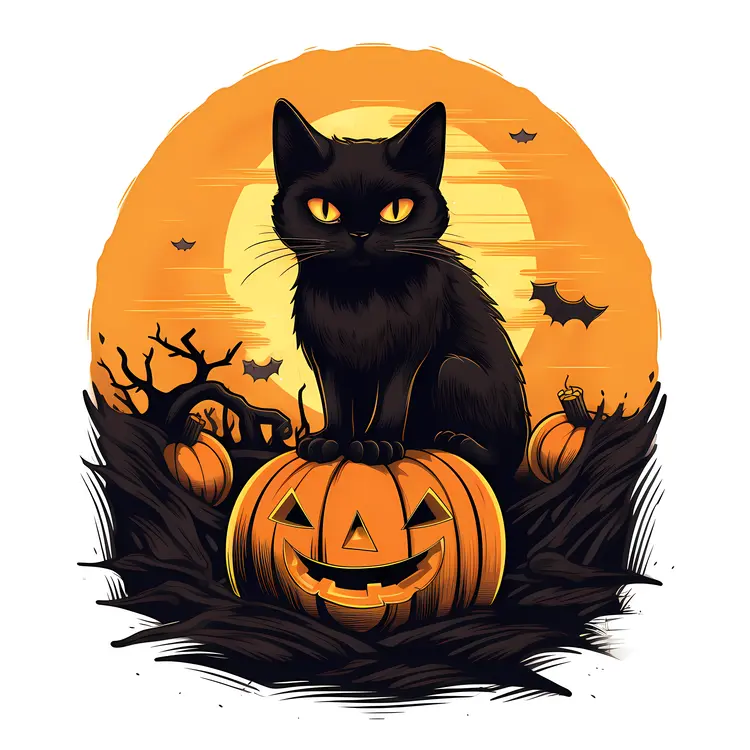 Black Cat on Halloween Pumpkin with Spooky Background